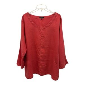 For Cynthia Top Womens 1X Burnt Orange 100% Linen Tunic Pockets‎ Long Sleeve